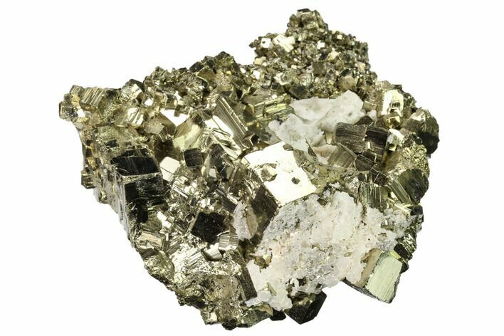 Shiny, Cubic Pyrite Crystal Cluster with Quartz - Peru #167728